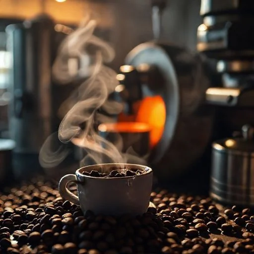 Glimpse into the glowing, rotating drum of a modern industrial coffee roaster