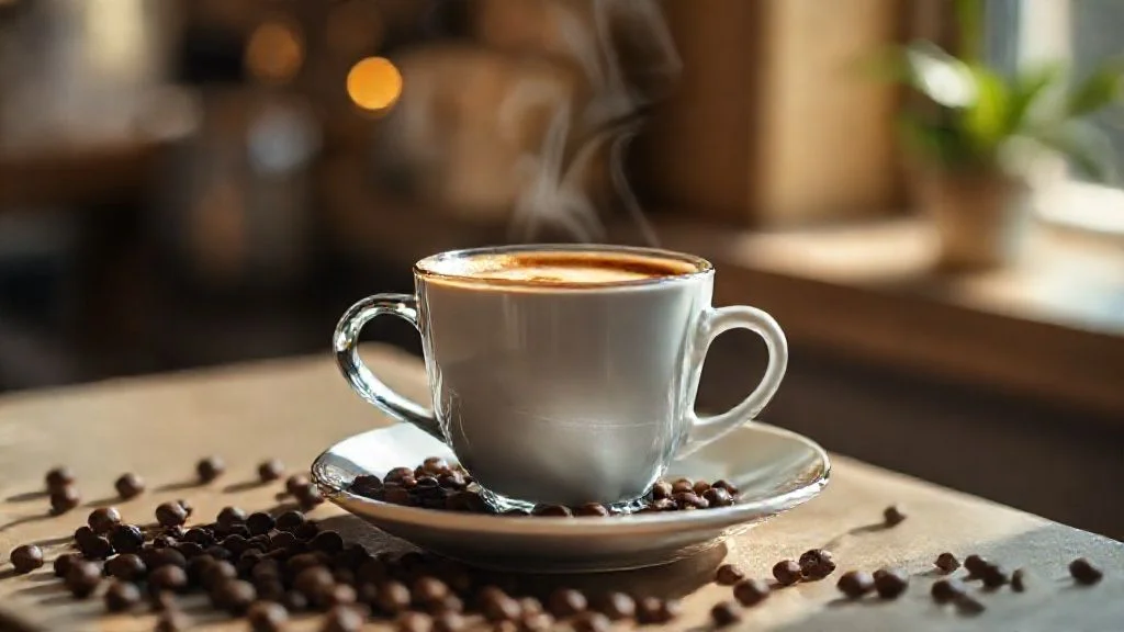 Perfectly roasted coffee beans tumbling into a ceramic bowl